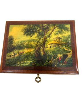 Lionvale Musical Jewelry Box Vtg Handmade Italy Pastoral 6.5” Mirror Key Footed